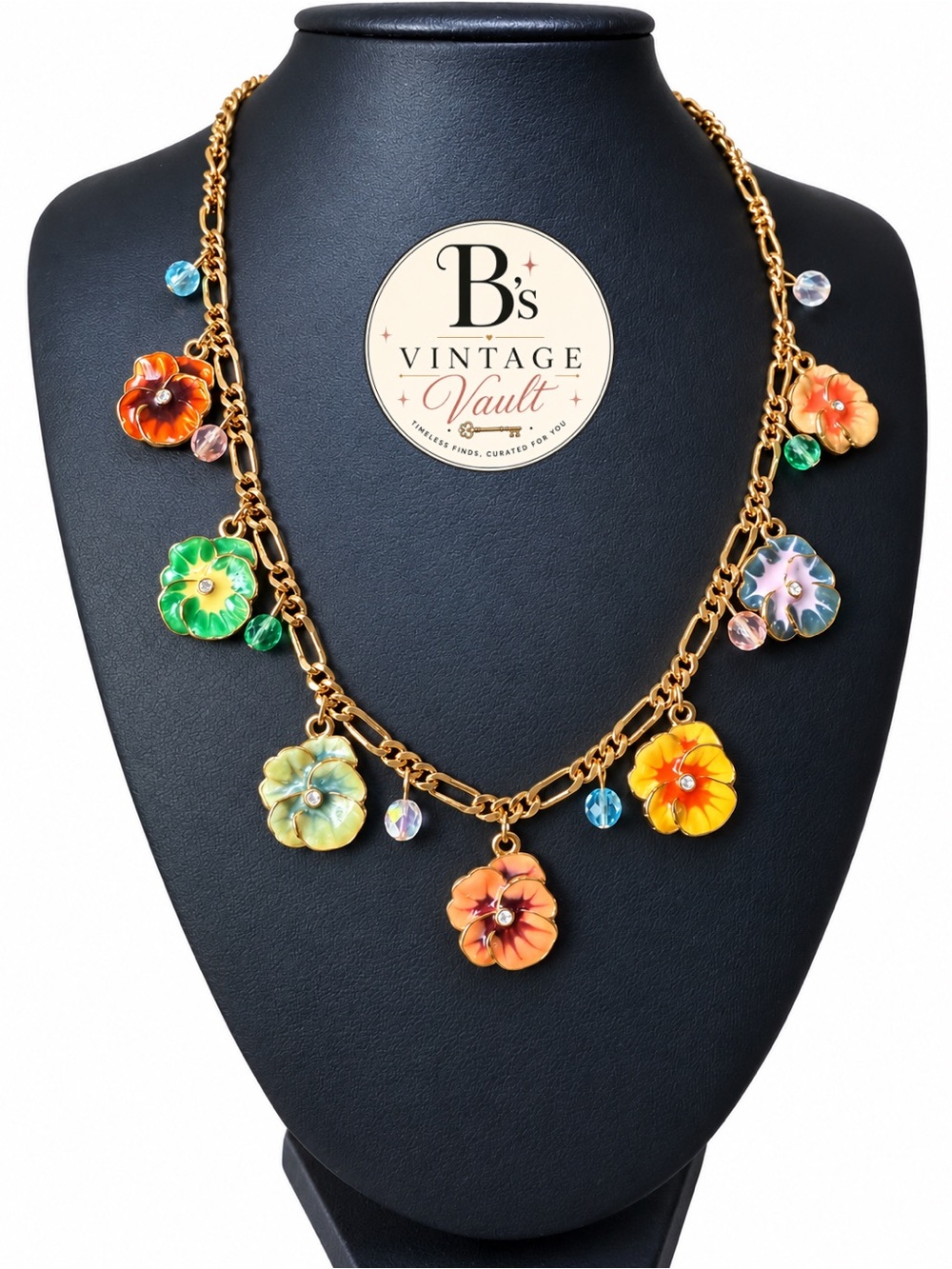 Retired Joan Rivers Multicolor Enamel Flower Charm Necklace - Gold Tone
